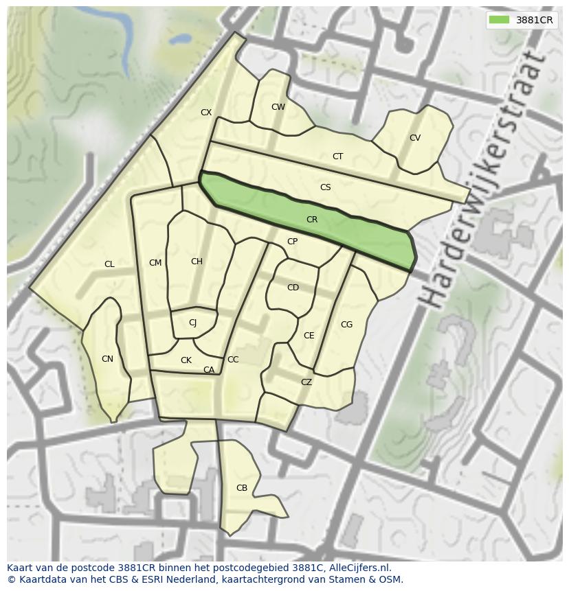 Afbeelding van het postcodegebied 3881 CR op de kaart.