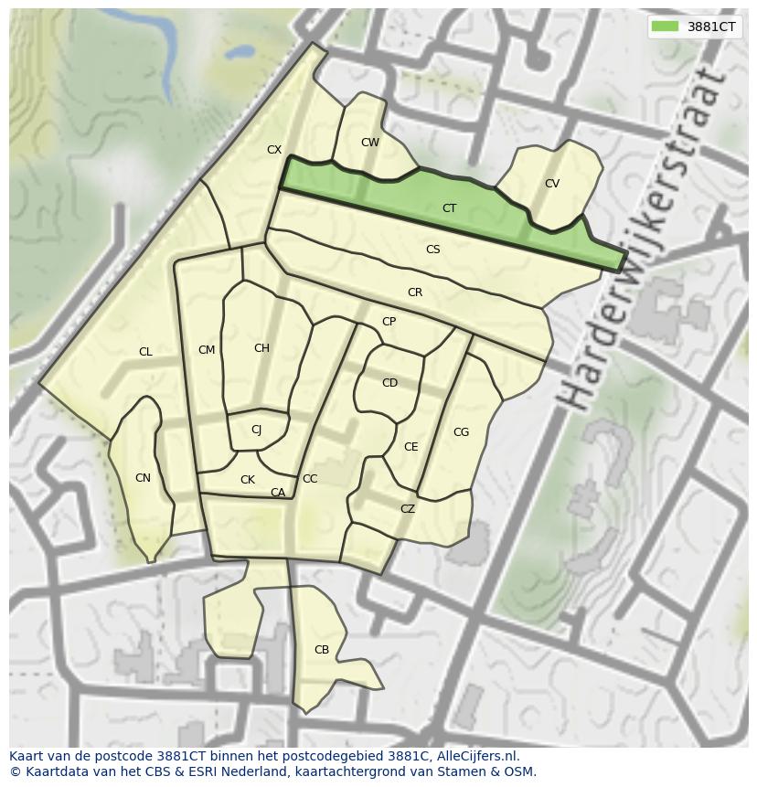 Afbeelding van het postcodegebied 3881 CT op de kaart.