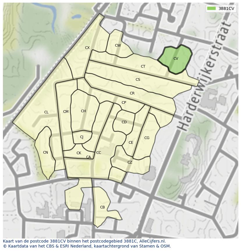 Afbeelding van het postcodegebied 3881 CV op de kaart.