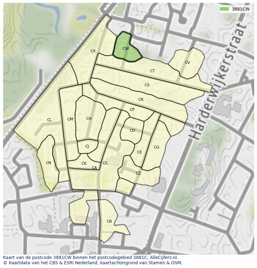 Afbeelding van het postcodegebied 3881 CW op de kaart.