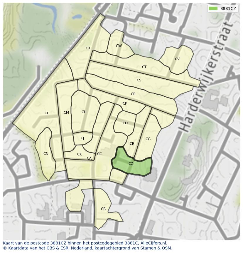 Afbeelding van het postcodegebied 3881 CZ op de kaart.
