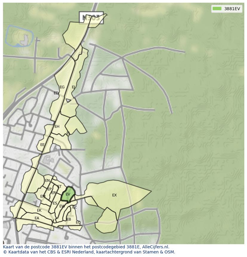 Afbeelding van het postcodegebied 3881 EV op de kaart.