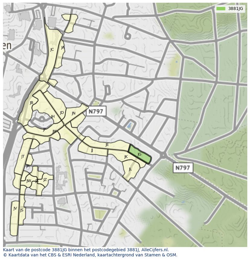 Afbeelding van het postcodegebied 3881 JG op de kaart.