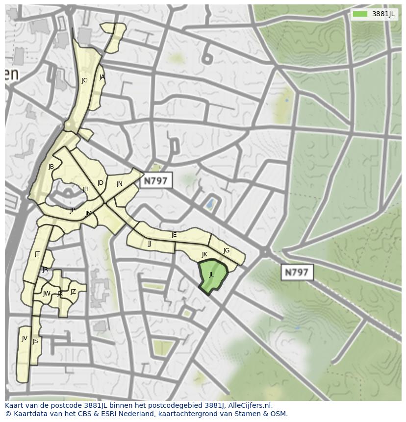 Afbeelding van het postcodegebied 3881 JL op de kaart.