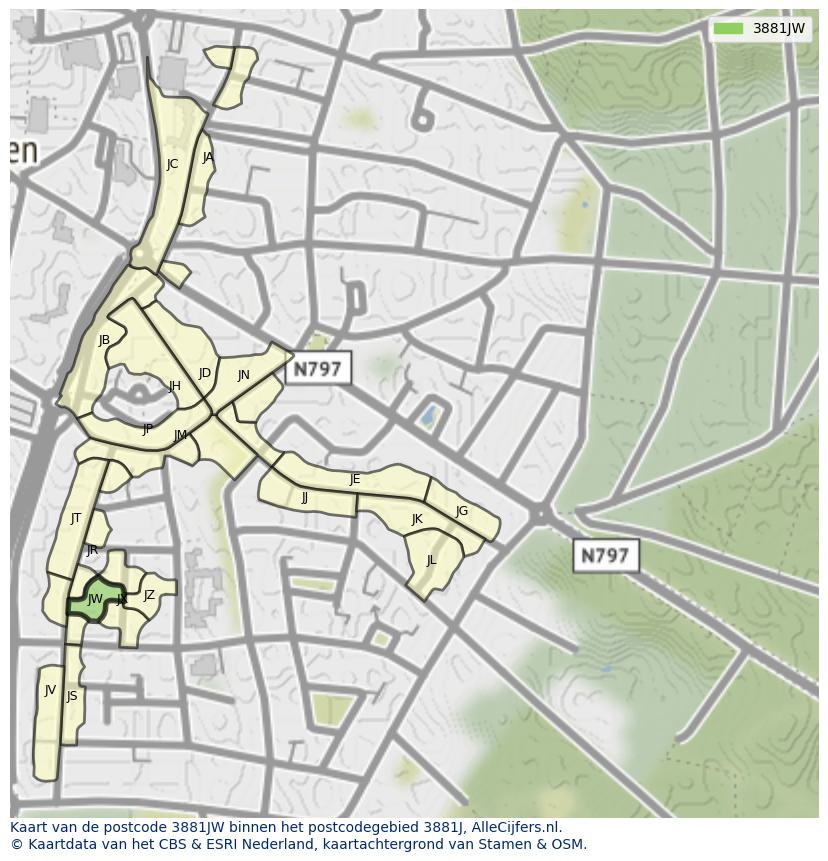 Afbeelding van het postcodegebied 3881 JW op de kaart.