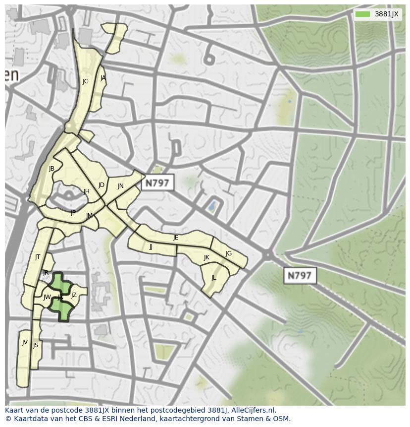 Afbeelding van het postcodegebied 3881 JX op de kaart.