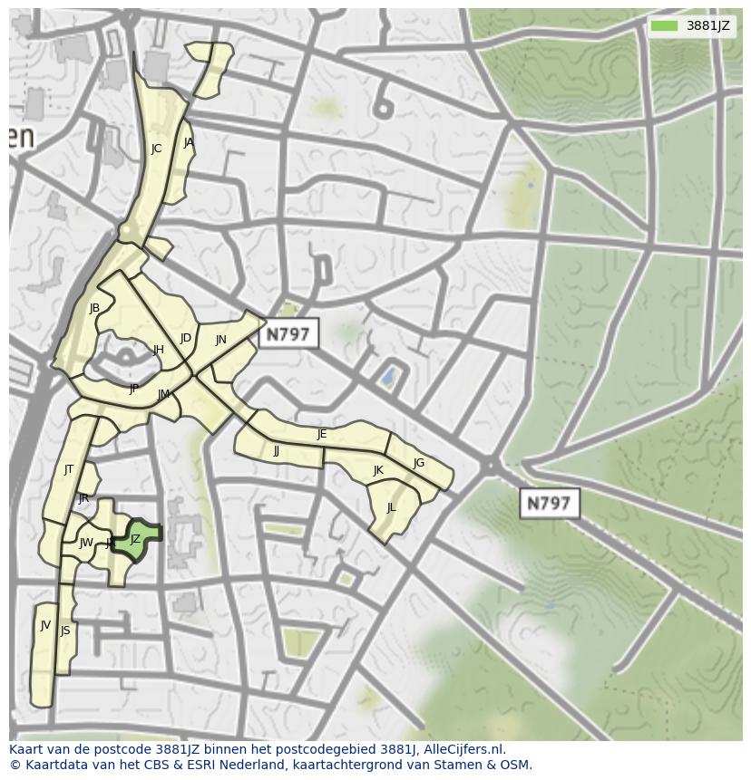 Afbeelding van het postcodegebied 3881 JZ op de kaart.