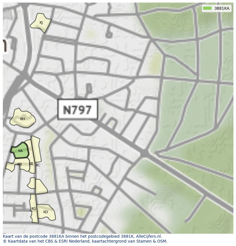 Afbeelding van het postcodegebied 3881 KA op de kaart.