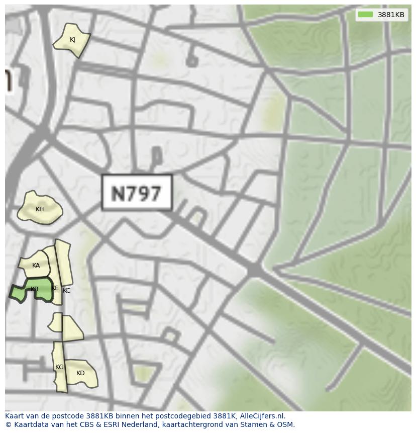 Afbeelding van het postcodegebied 3881 KB op de kaart.