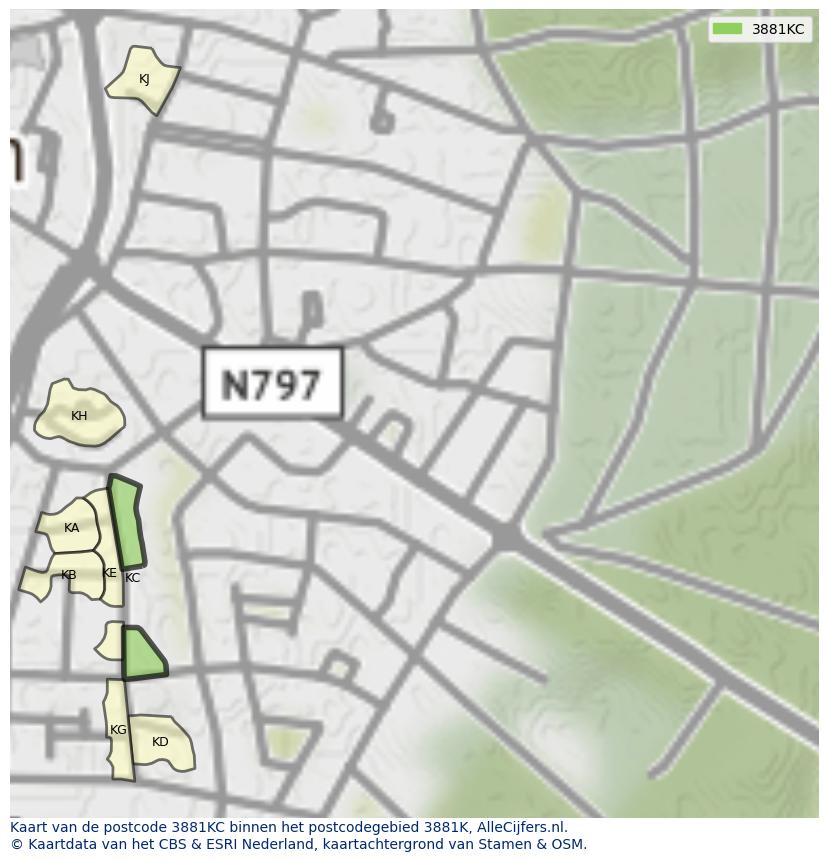Afbeelding van het postcodegebied 3881 KC op de kaart.