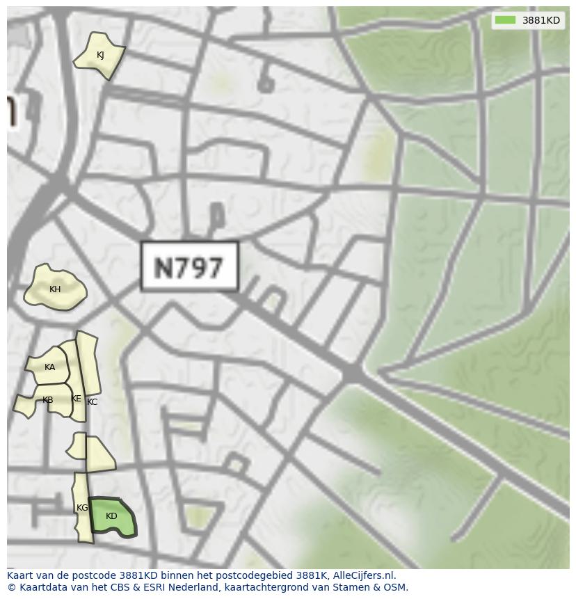 Afbeelding van het postcodegebied 3881 KD op de kaart.