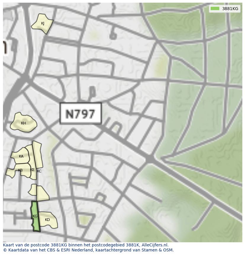 Afbeelding van het postcodegebied 3881 KG op de kaart.