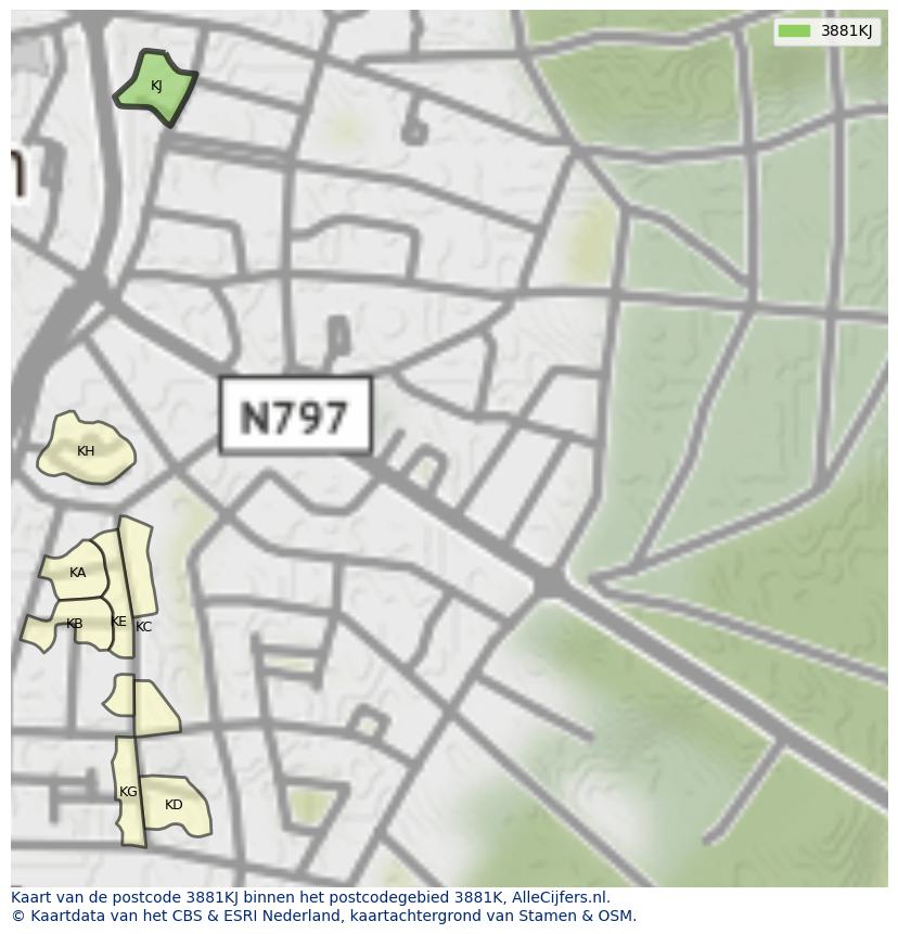 Afbeelding van het postcodegebied 3881 KJ op de kaart.