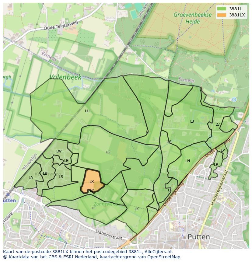 Afbeelding van het postcodegebied 3881 LX op de kaart.
