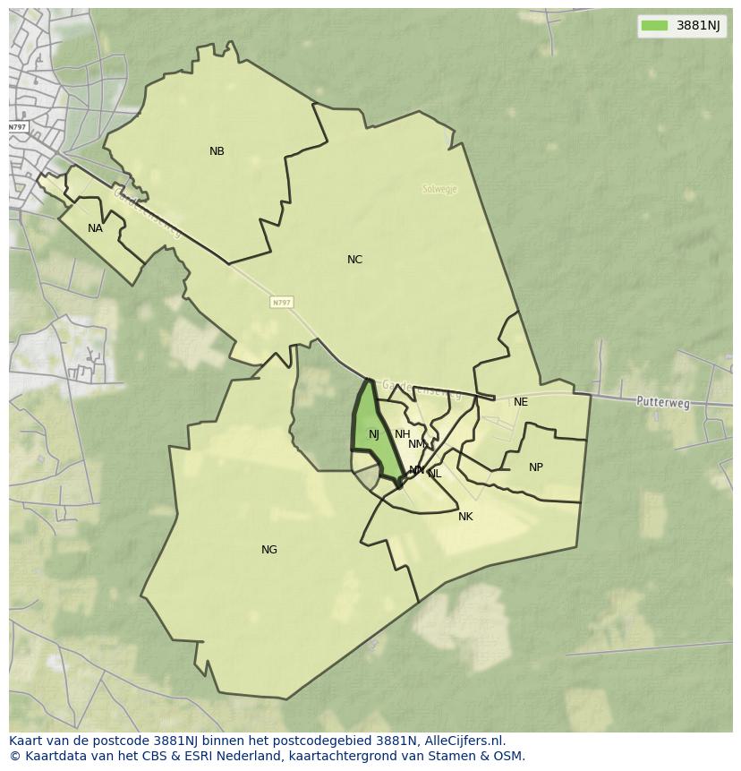Afbeelding van het postcodegebied 3881 NJ op de kaart.