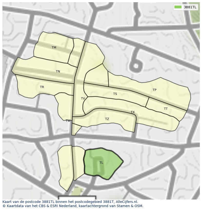 Afbeelding van het postcodegebied 3881 TL op de kaart.