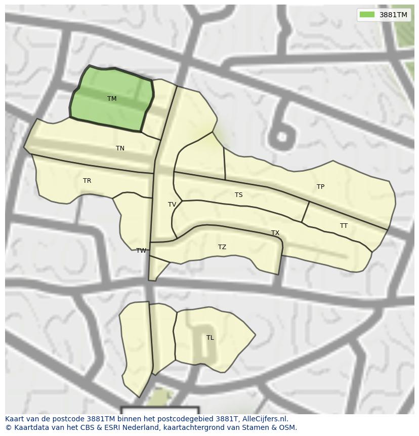 Afbeelding van het postcodegebied 3881 TM op de kaart.