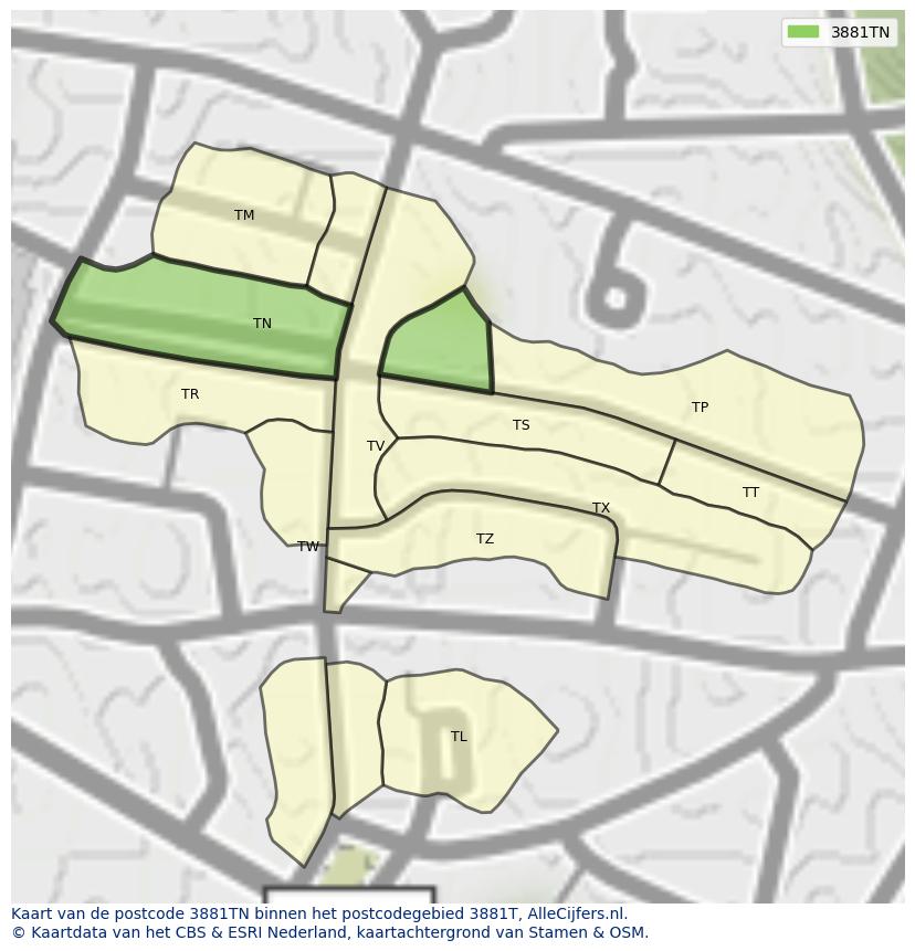 Afbeelding van het postcodegebied 3881 TN op de kaart.