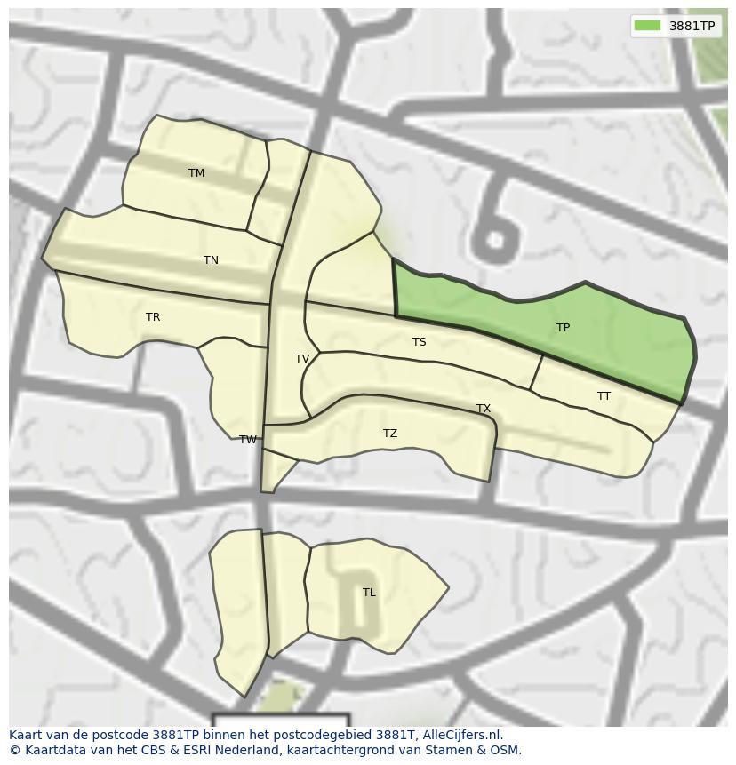 Afbeelding van het postcodegebied 3881 TP op de kaart.