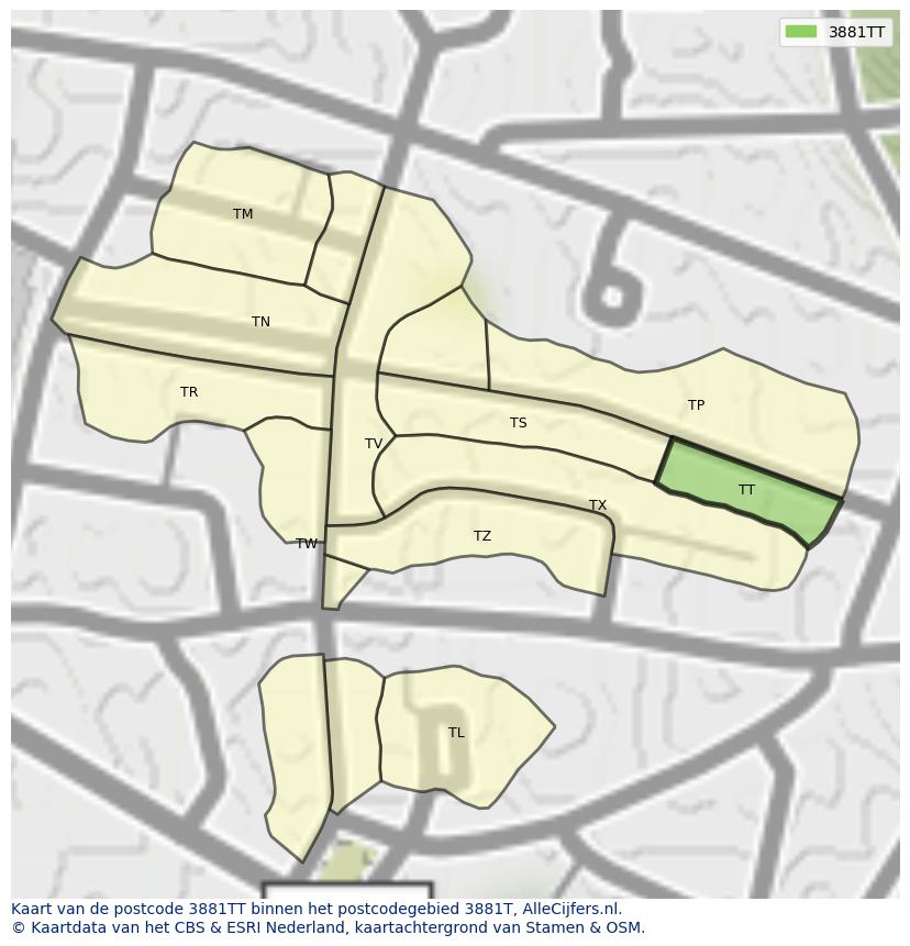 Afbeelding van het postcodegebied 3881 TT op de kaart.