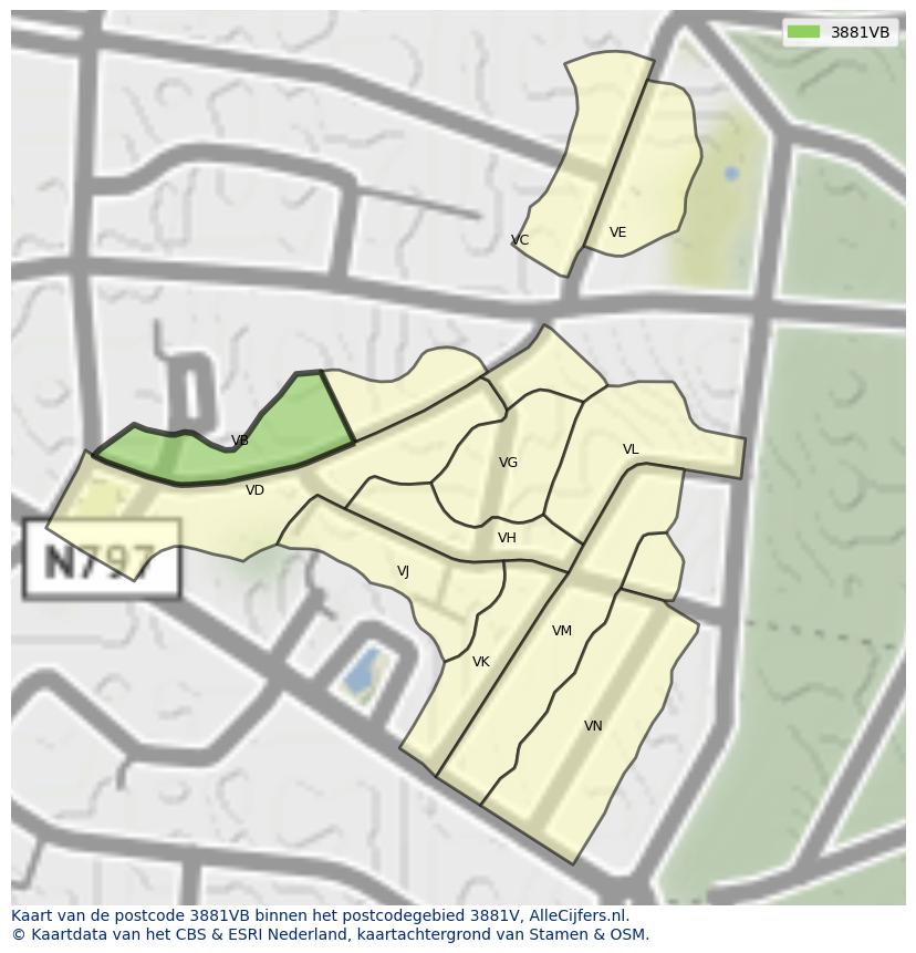 Afbeelding van het postcodegebied 3881 VB op de kaart.