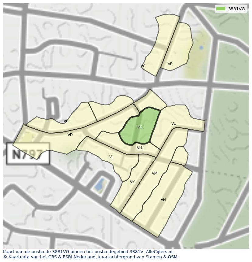 Afbeelding van het postcodegebied 3881 VG op de kaart.