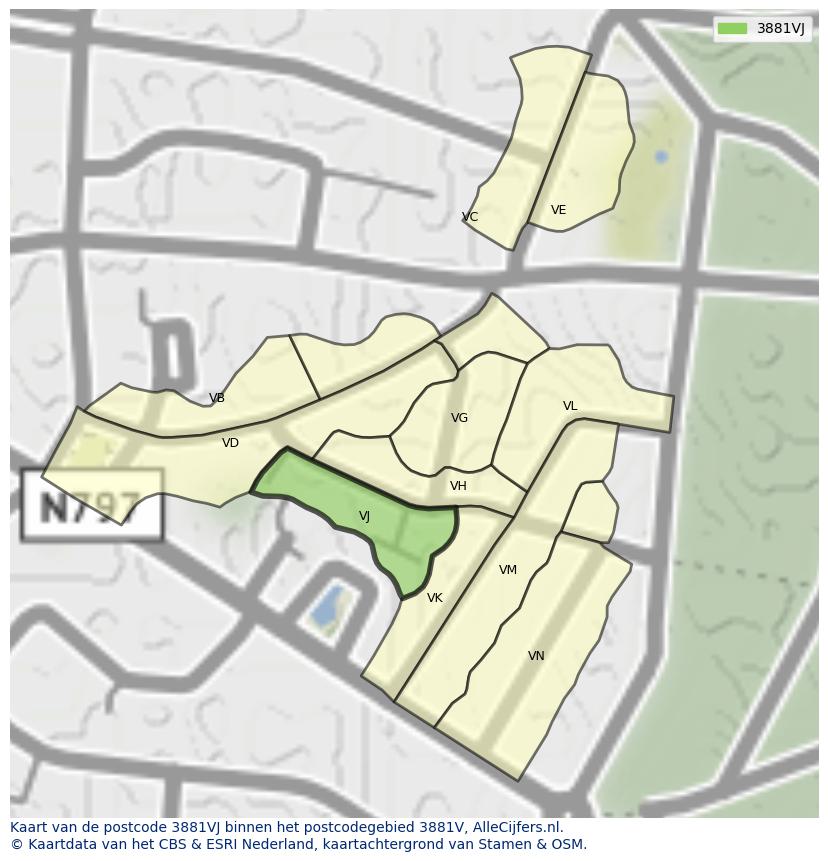 Afbeelding van het postcodegebied 3881 VJ op de kaart.