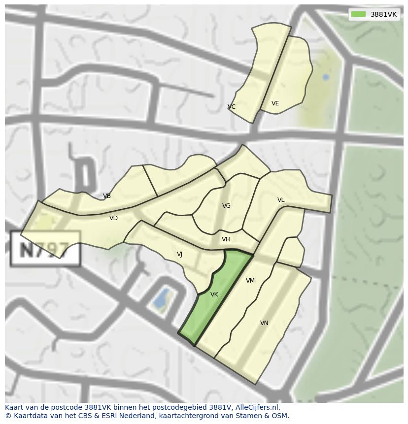 Afbeelding van het postcodegebied 3881 VK op de kaart.