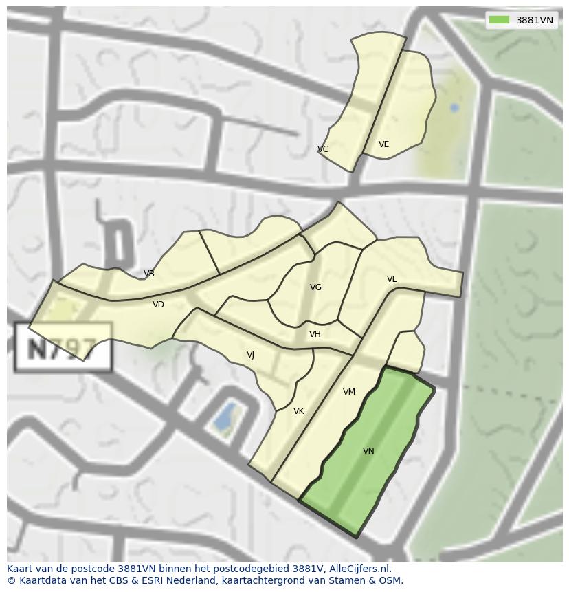 Afbeelding van het postcodegebied 3881 VN op de kaart.