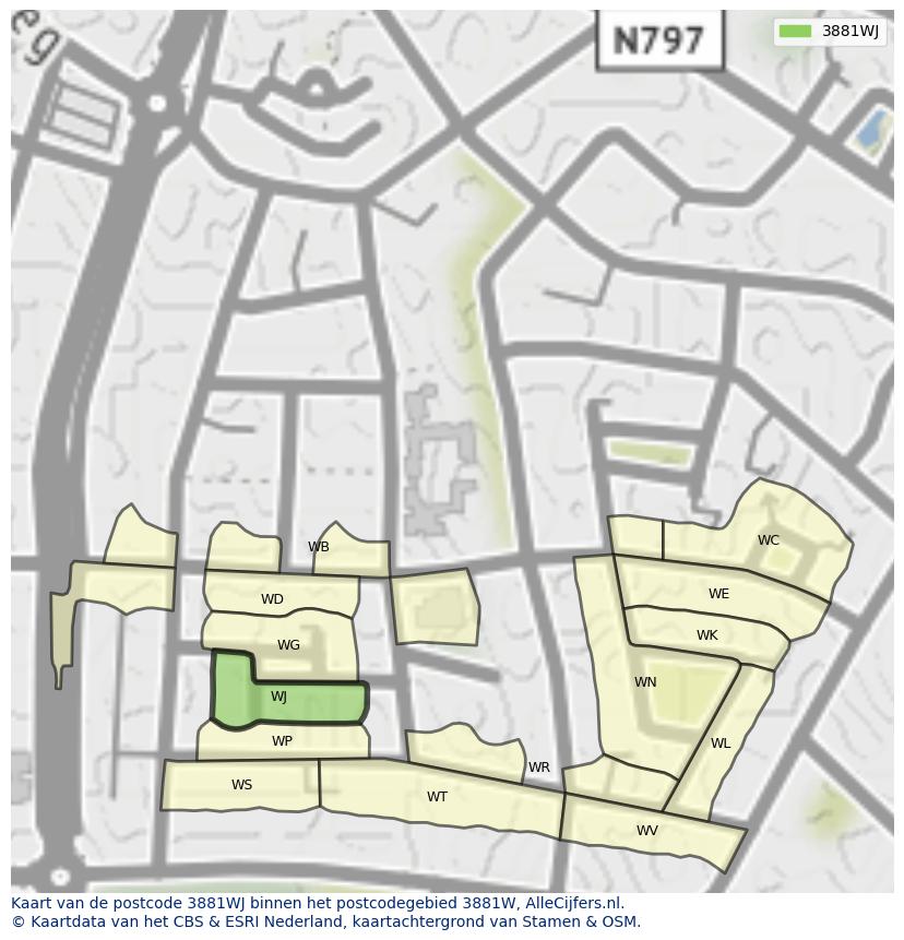 Afbeelding van het postcodegebied 3881 WJ op de kaart.