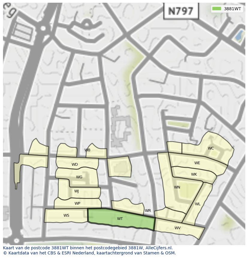 Afbeelding van het postcodegebied 3881 WT op de kaart.