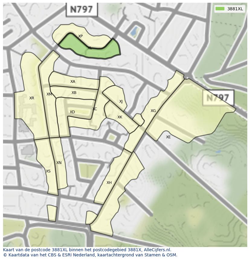 Afbeelding van het postcodegebied 3881 XL op de kaart.