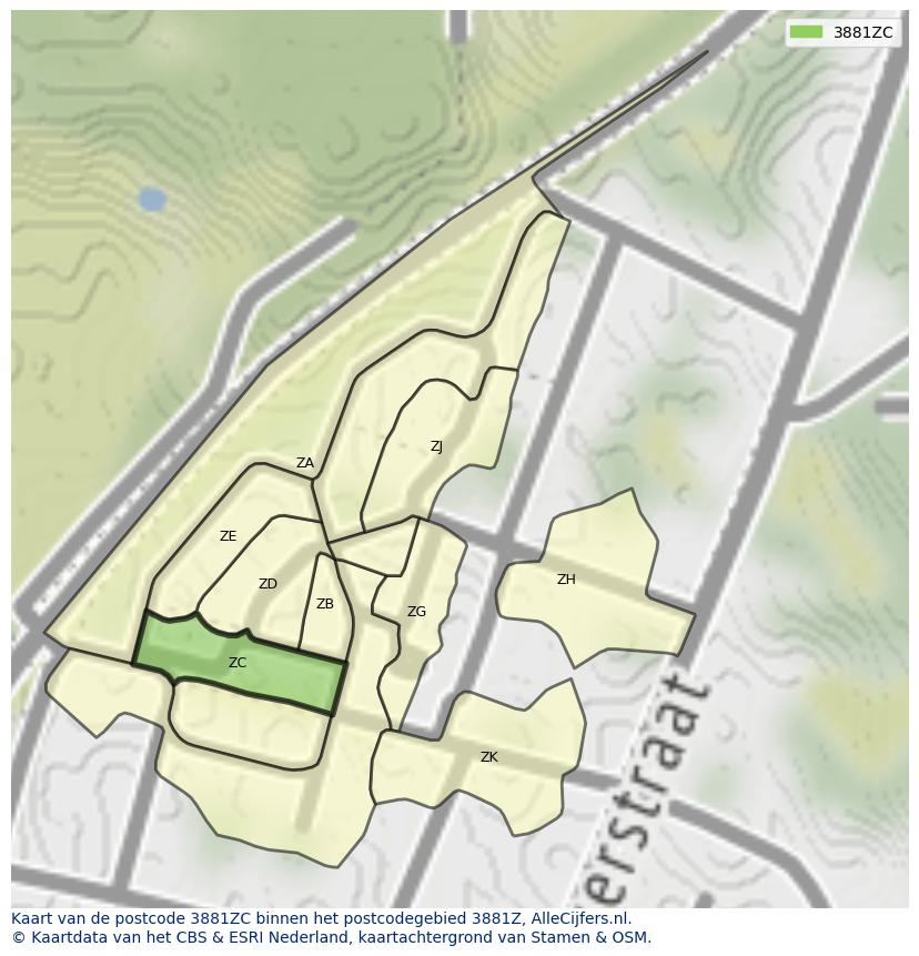 Afbeelding van het postcodegebied 3881 ZC op de kaart.