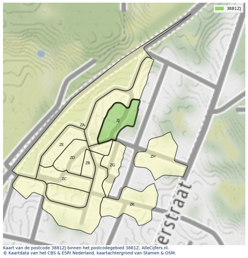 Afbeelding van het postcodegebied 3881 ZJ op de kaart.