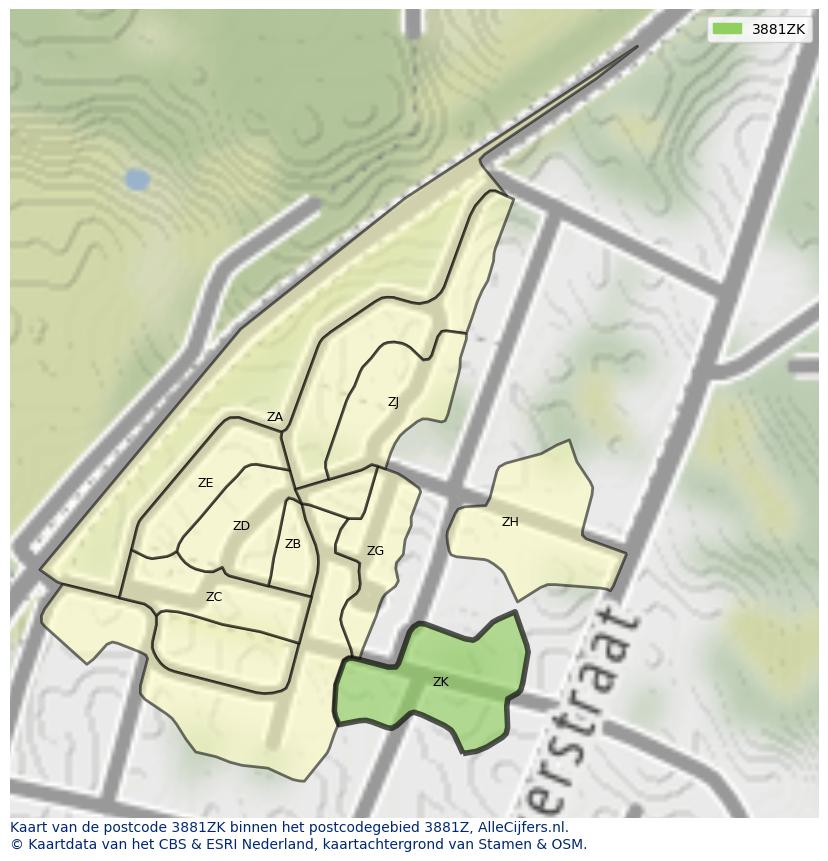 Afbeelding van het postcodegebied 3881 ZK op de kaart.