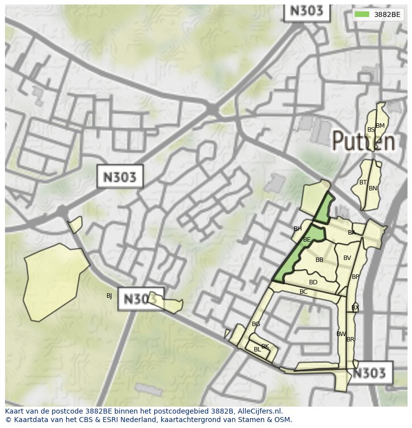 Afbeelding van het postcodegebied 3882 BE op de kaart.