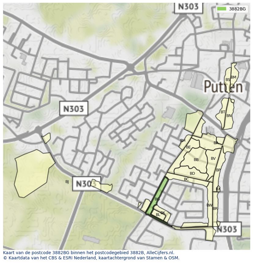 Afbeelding van het postcodegebied 3882 BG op de kaart.