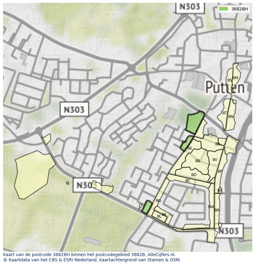 Afbeelding van het postcodegebied 3882 BH op de kaart.