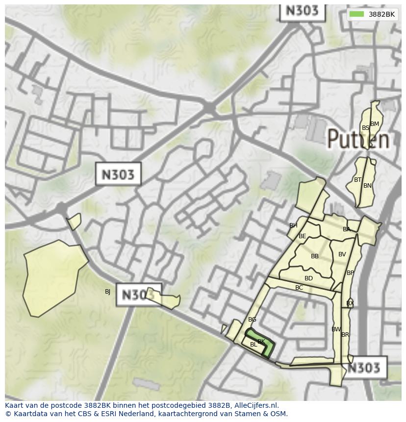 Afbeelding van het postcodegebied 3882 BK op de kaart.