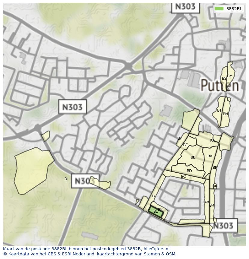 Afbeelding van het postcodegebied 3882 BL op de kaart.