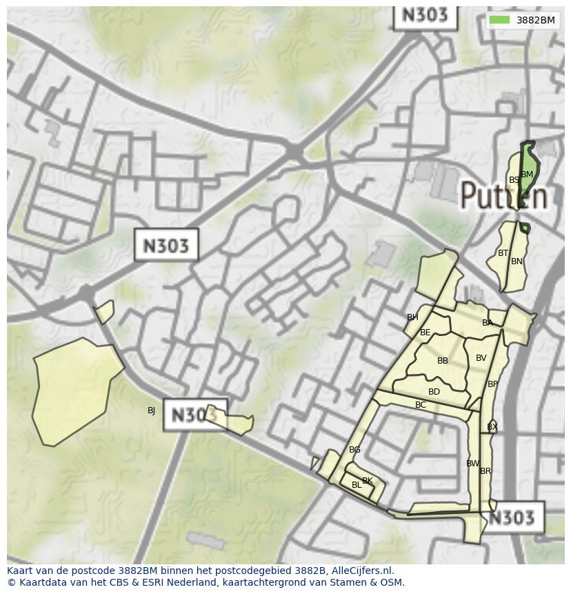Afbeelding van het postcodegebied 3882 BM op de kaart.