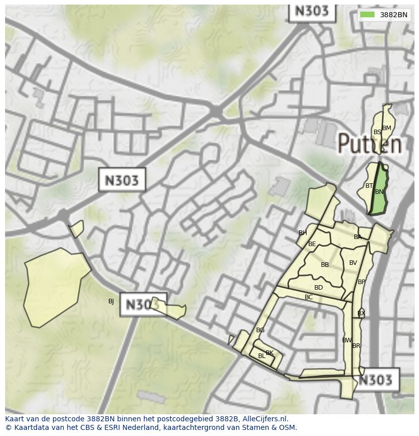Afbeelding van het postcodegebied 3882 BN op de kaart.