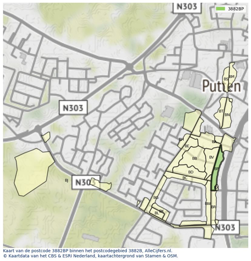 Afbeelding van het postcodegebied 3882 BP op de kaart.