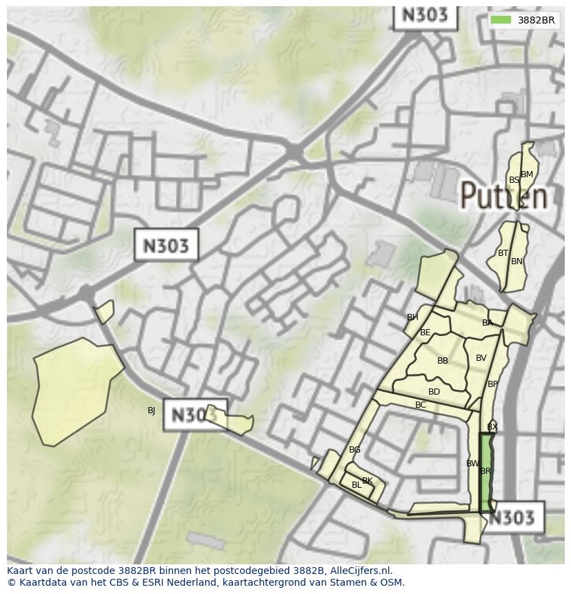 Afbeelding van het postcodegebied 3882 BR op de kaart.