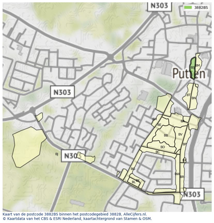 Afbeelding van het postcodegebied 3882 BS op de kaart.