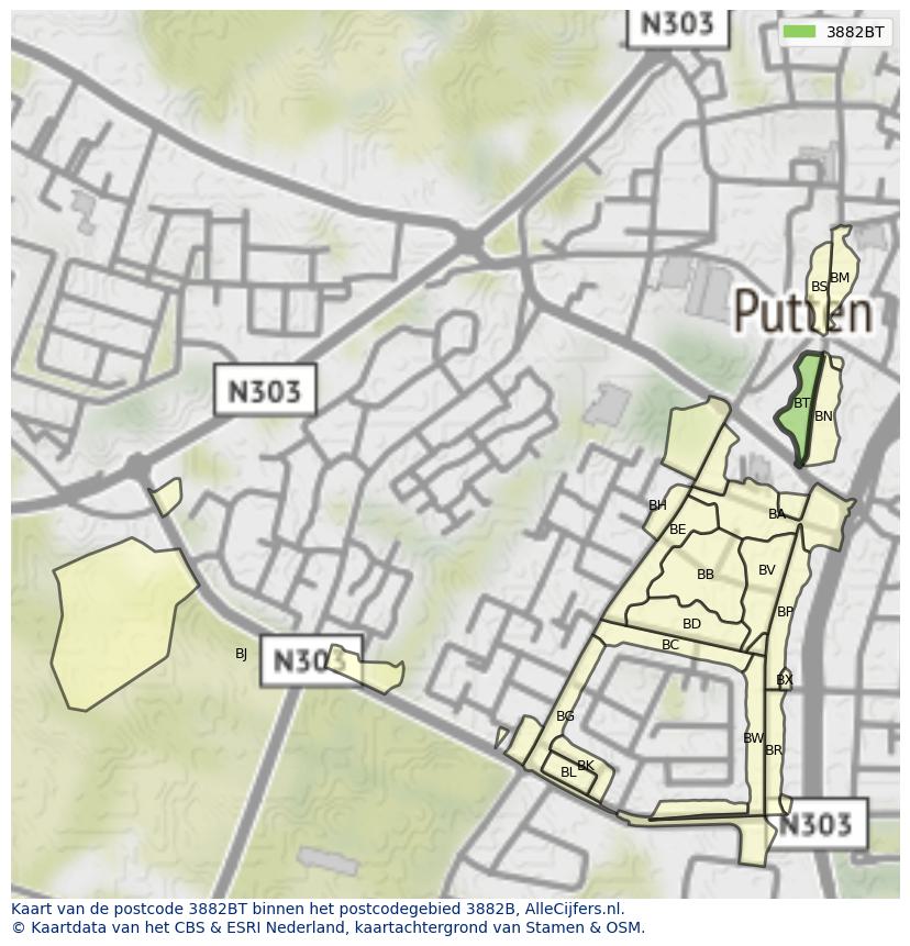 Afbeelding van het postcodegebied 3882 BT op de kaart.