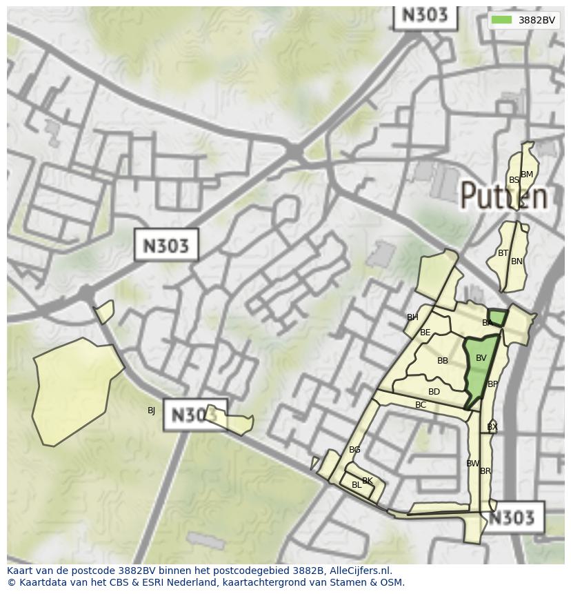 Afbeelding van het postcodegebied 3882 BV op de kaart.