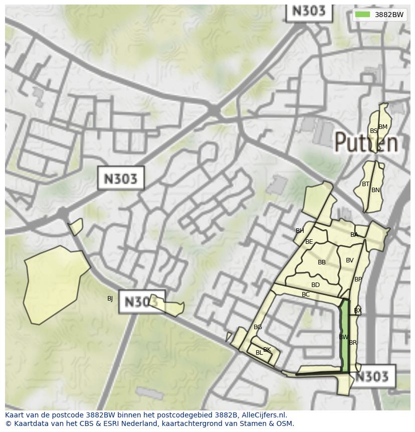 Afbeelding van het postcodegebied 3882 BW op de kaart.