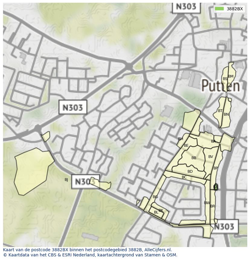 Afbeelding van het postcodegebied 3882 BX op de kaart.