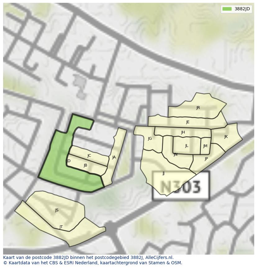 Afbeelding van het postcodegebied 3882 JD op de kaart.